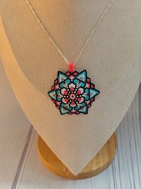 Turquoise & Pink Beaded Mandala Necklace with Silver Chain